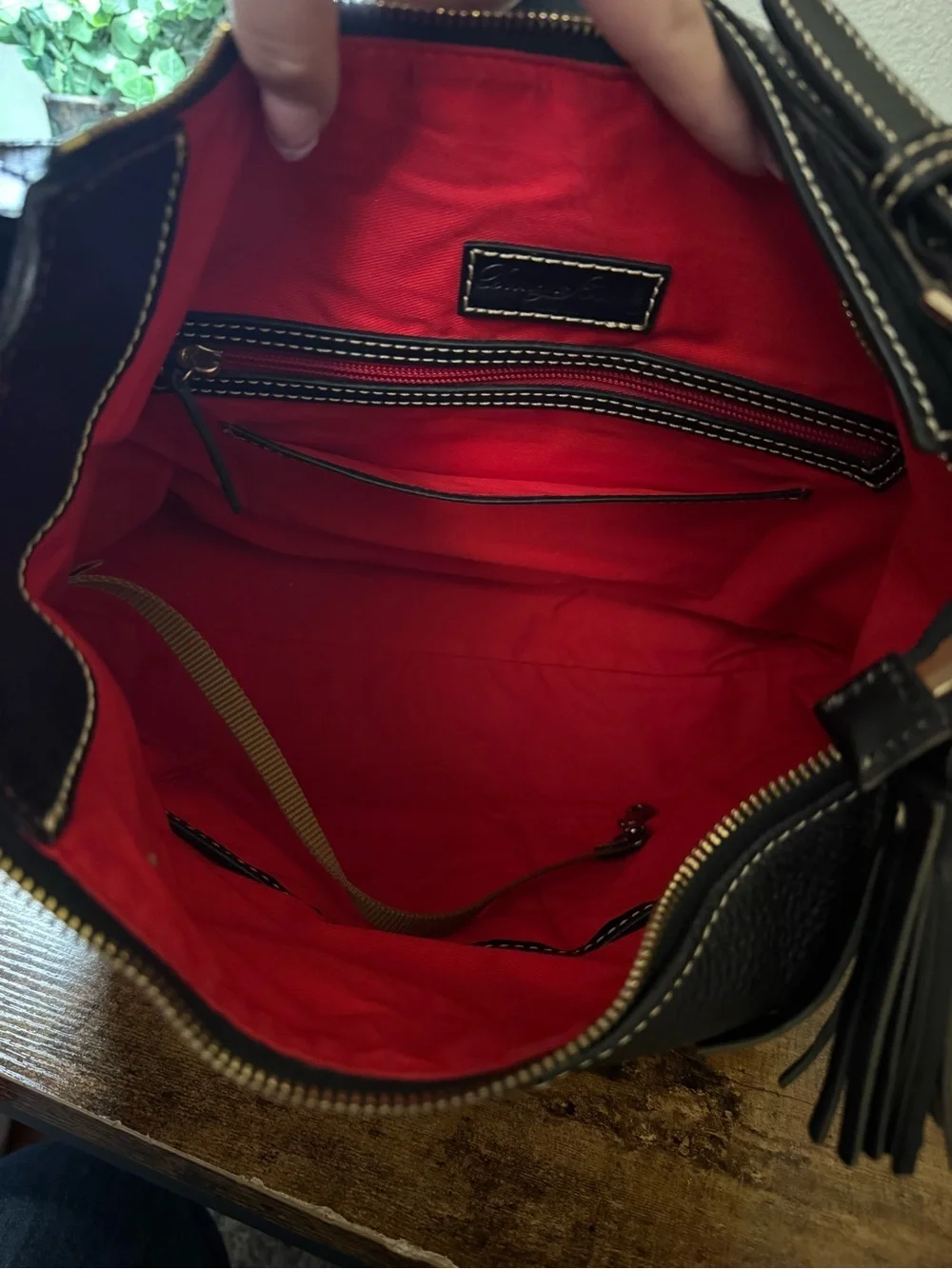 Dooney & Bourke Black Pebbled Leather Hobo Shoulder Bag – Red Lining
